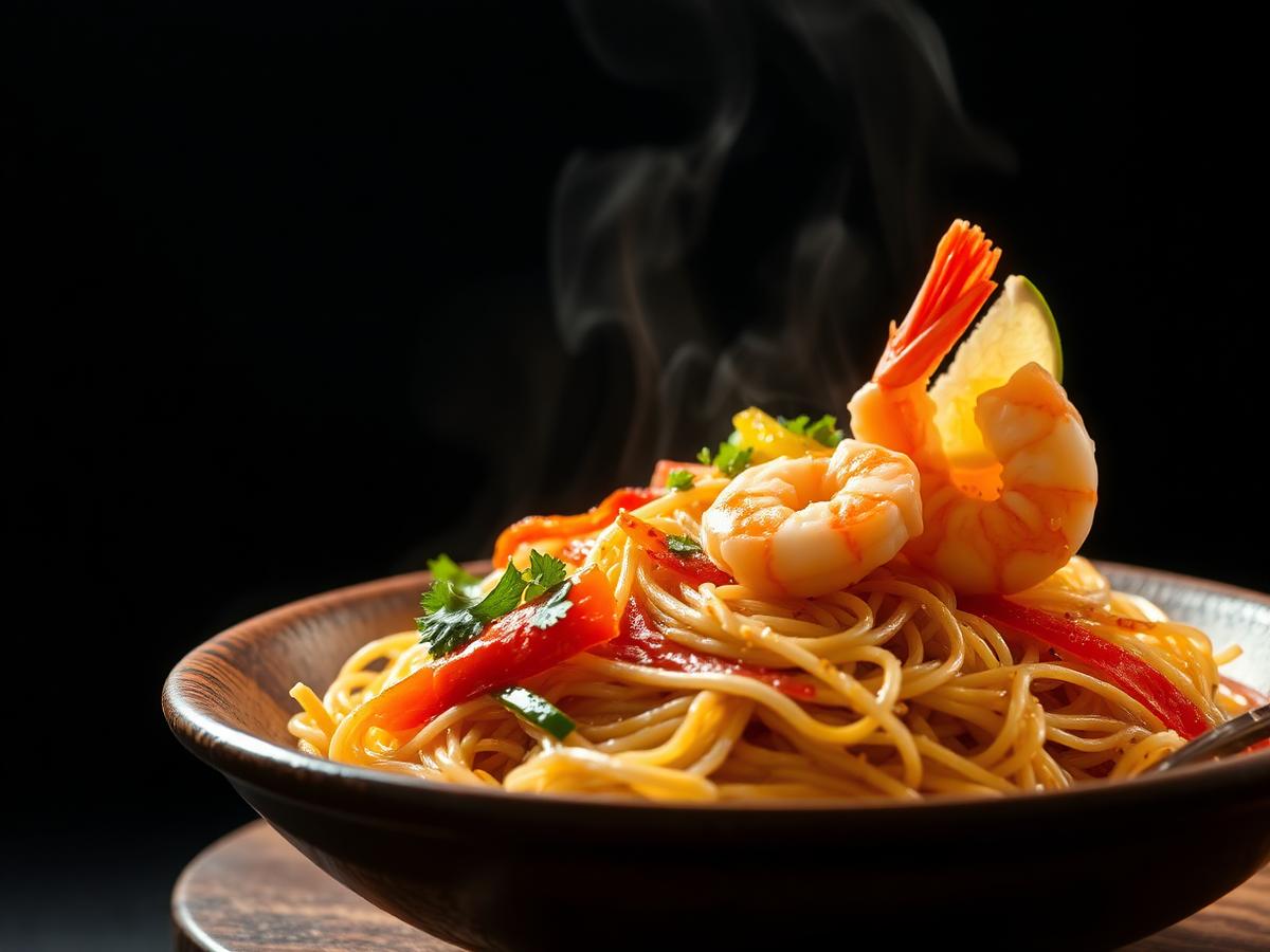 Pancit Bihon — Thin rice noodles stir-fried with vegetables and savoury sauce. A birthday-table staple.