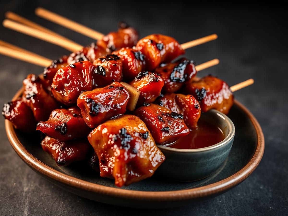 Pork BBQ Skewers — Sweet-savoury marinated pork, grilled over high heat and served with a dipping sauce.