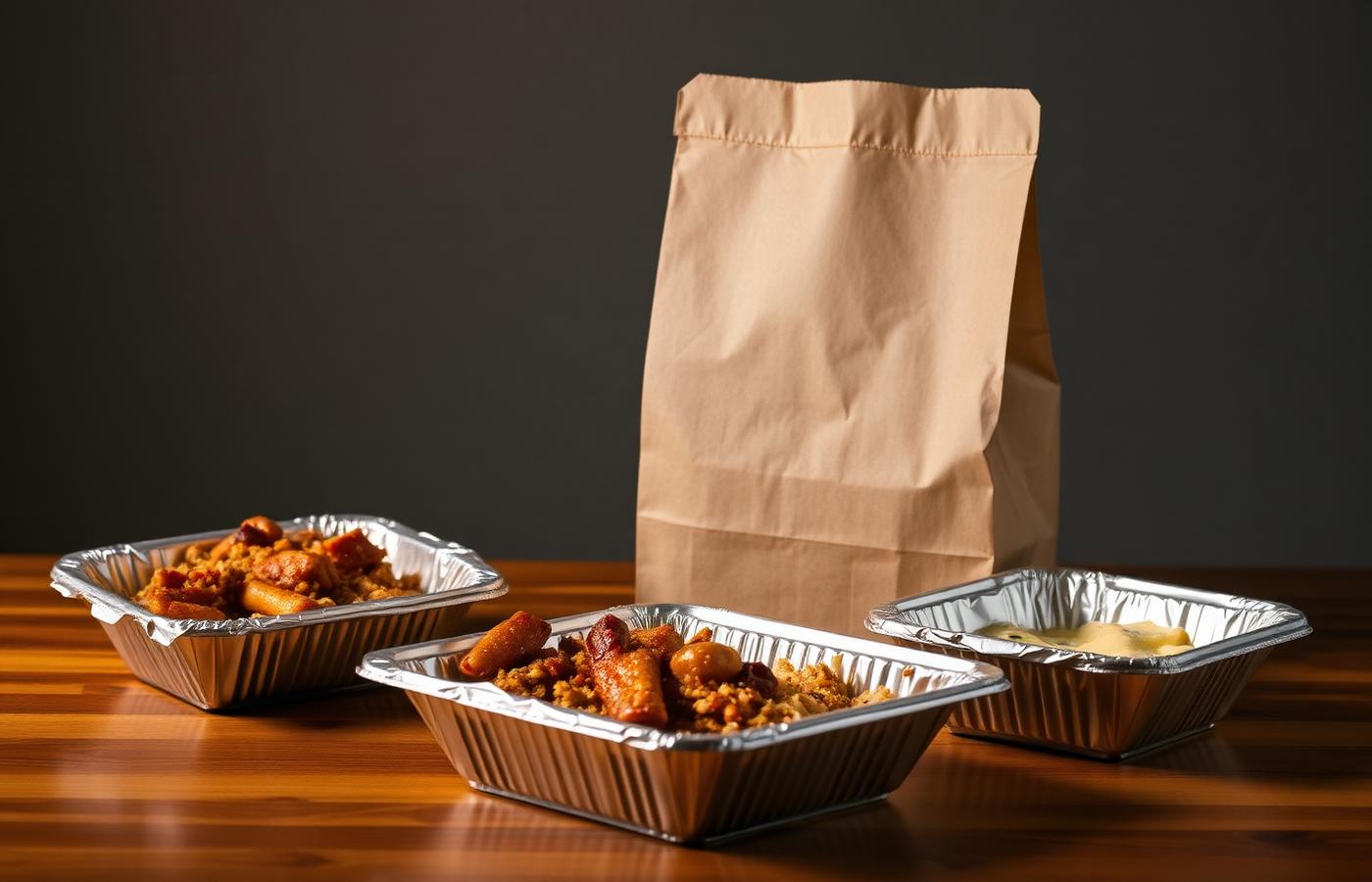 Filipino takeout containers and a kraft paper bag ready for pickup